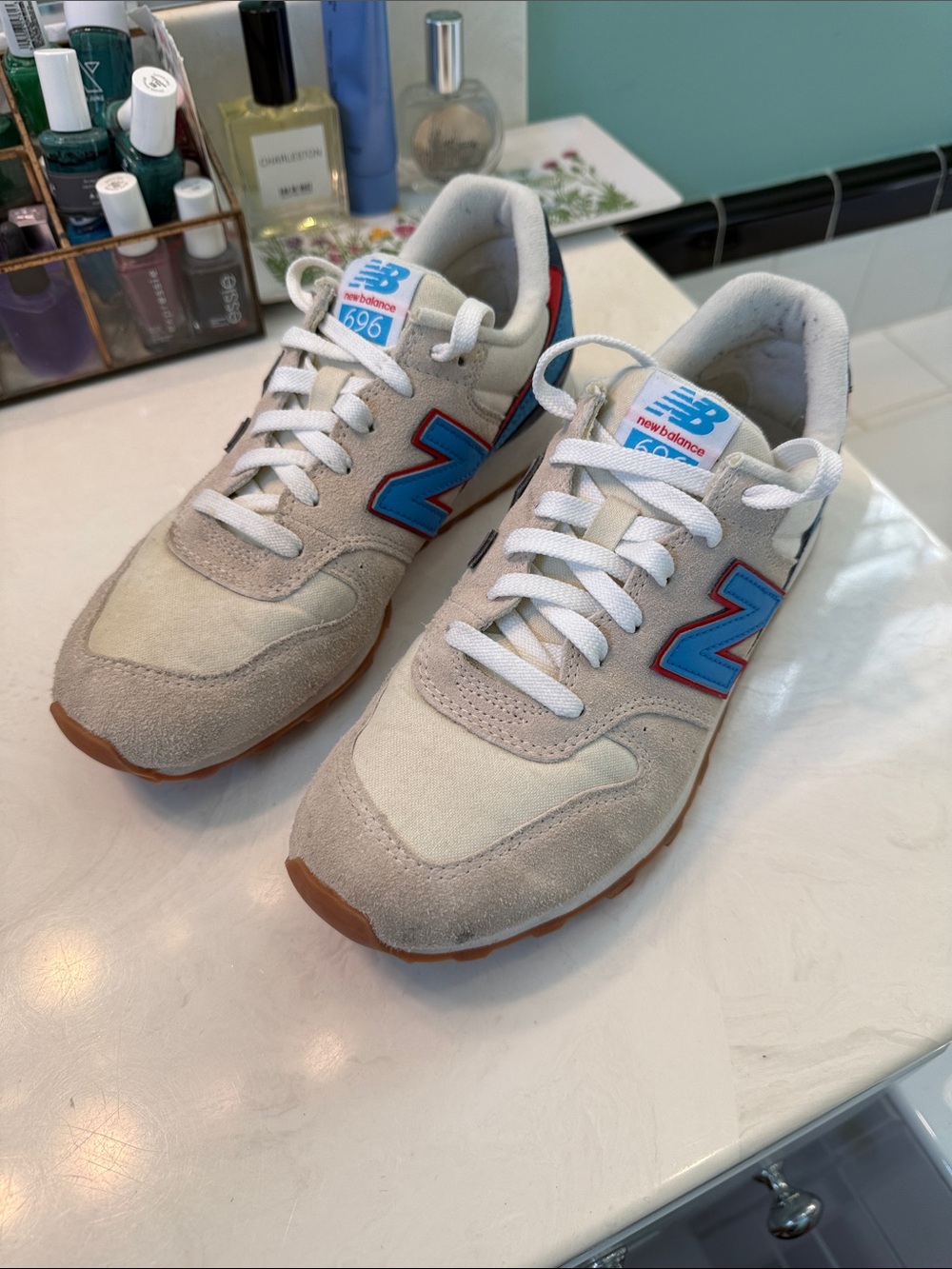 New Balance 696 Beige Suede Sneakers with Blue and Red Logo